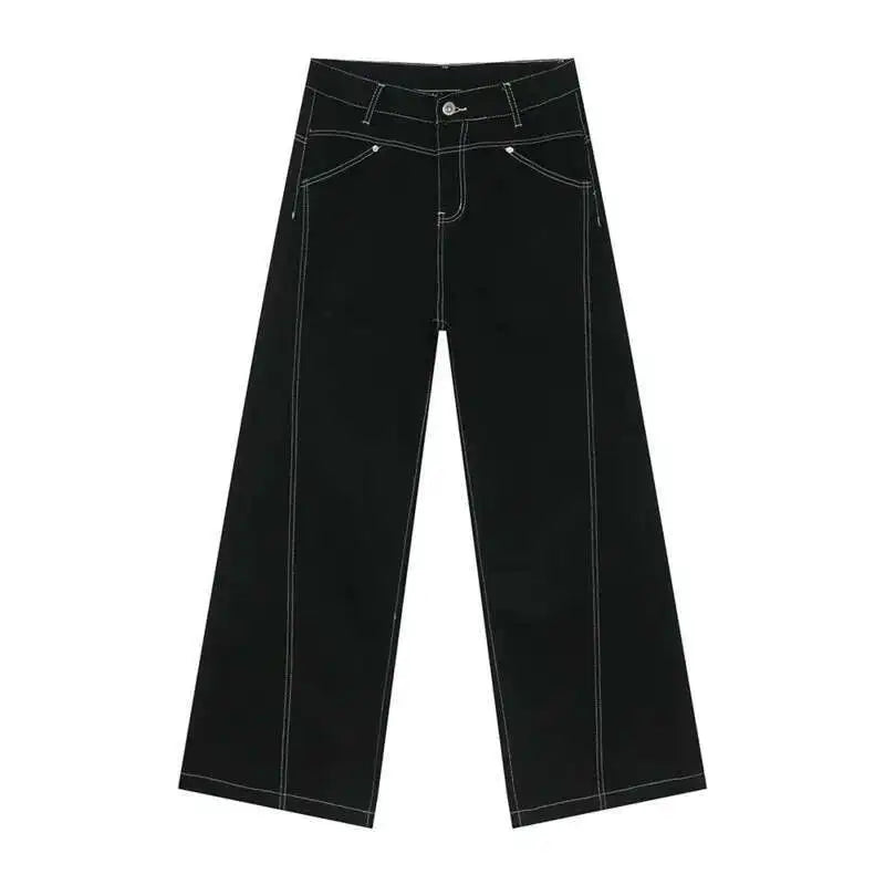 Summer New Men's Jeans Casual Bright Line Solid Color Denim Pants Straight Wide Leg Loose Male Trousers Korean Style 9C8203