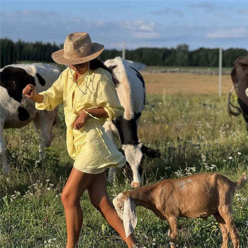 Summer Beach Two Piece Sets Women Long Sleeve Shirt And Mini Skirt Female See Through Loose 2 Piece Set Beachwear