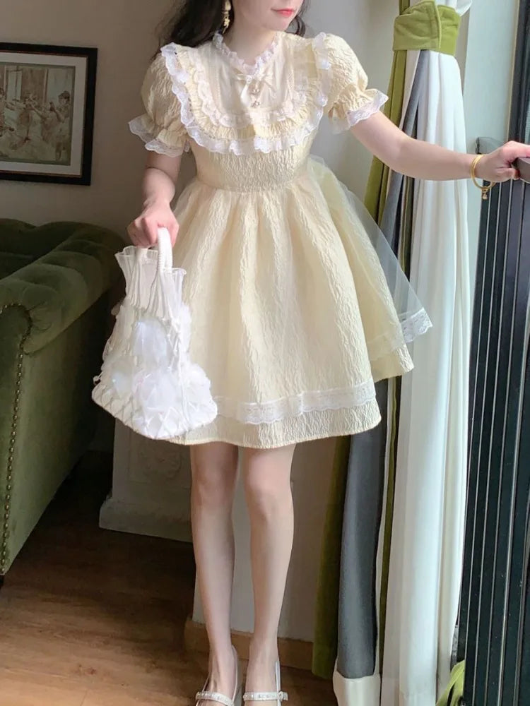 Sweet Kawaii Lolita Dress Soft Girl Princess Lace Elegant Puff Sleeve Party Mini Short Dresses Puff Sleeve