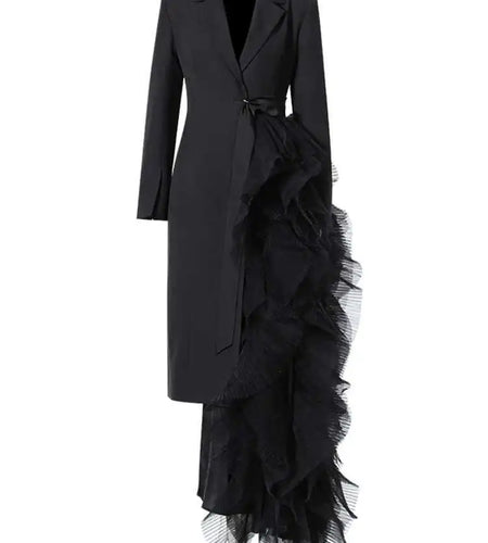 Women Black Irregular Mesh Big Size Long Elegant Blazer New Lapel Long Sleeve Jacket Fashion Spring Autumn 2025 7AB4743