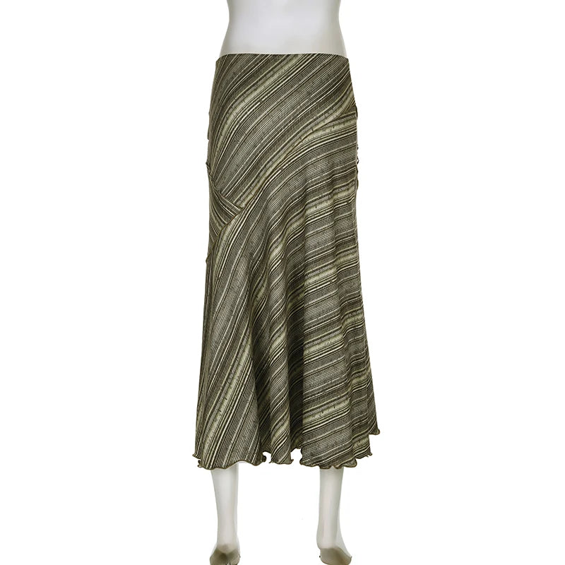 Fairycore Stripe Frill Elegant Maxi Skirt Women Embroidery Vintage Clothes Y2K Aesthetic Long Skirt Chic Boho Stitch
