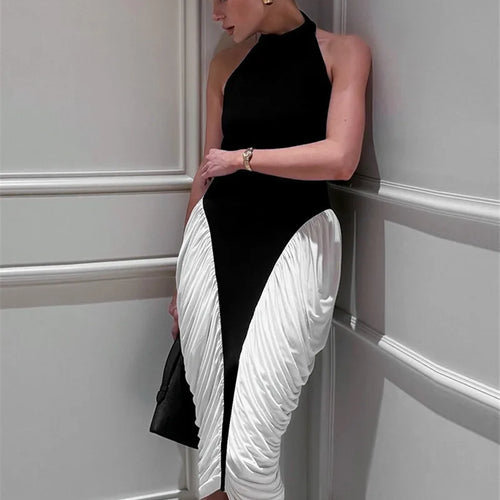 Load image into Gallery viewer, Patchwork Halter Backless Sexy Midi Dress Women Gown Elegant Fashion Contrast Color Sleeveless Pleated Long Dress
