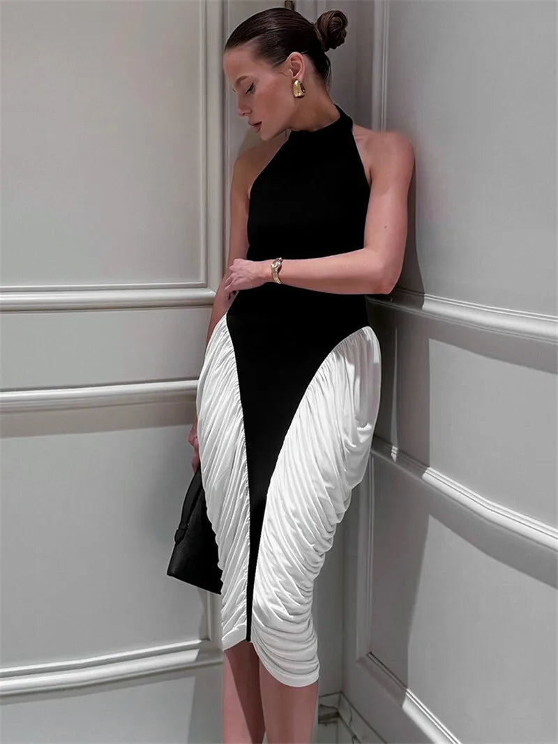 Patchwork Halter Backless Sexy Midi Dress Women Gown Elegant Fashion Contrast Color Sleeveless Pleated Long Dress