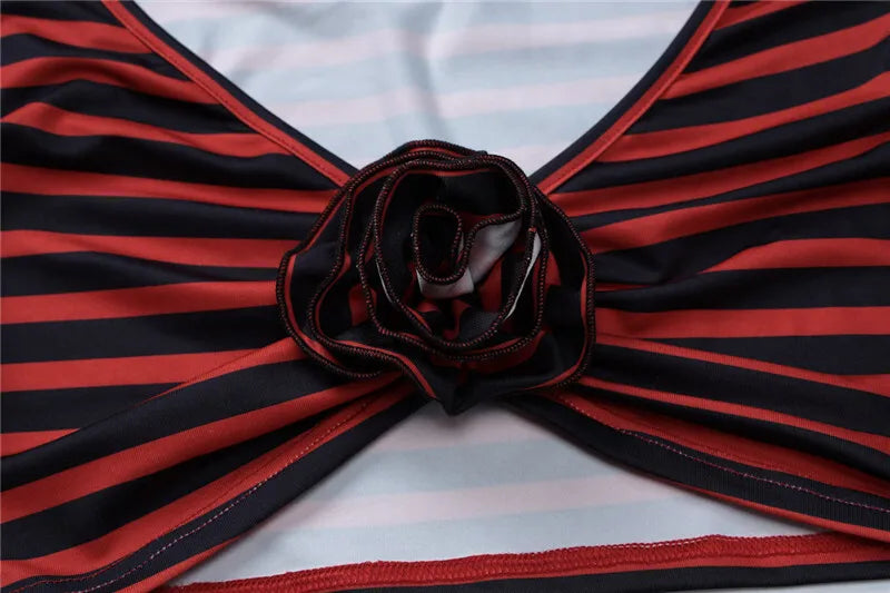 Striped Print Sexy Two Piece Set Women Floral V Neck Long Sleeve T-shirt And Mini Skirt Matching Set Sexy Two Piece Set