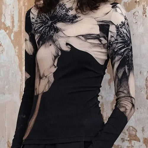 Load image into Gallery viewer, Women Vintage Print T-Shirts High-Neck Long Sleeves Stylish Selection Skinny Women Casual Black Trendy Tops
