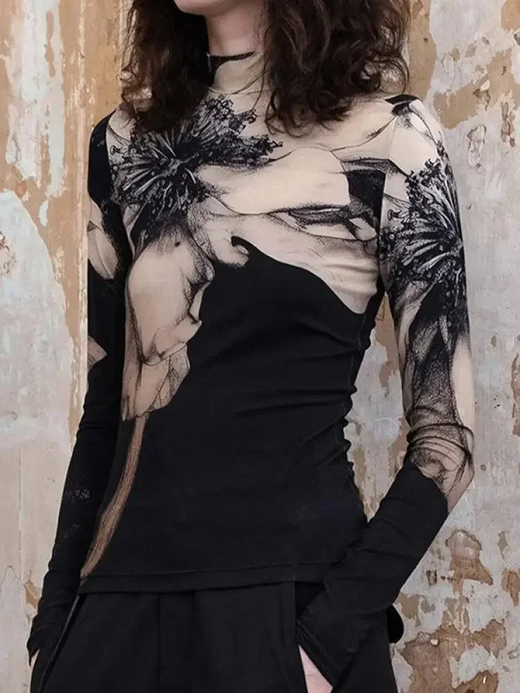 Women Vintage Print T-Shirts High-Neck Long Sleeves Stylish Selection Skinny Women Casual Black Trendy Tops