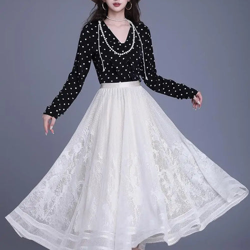 Load image into Gallery viewer, Spring Summer Women Vintage Black White Lace Elegant Long Skirts French Fashion Brown High Waist Vacation Pleated Skirt Popular
