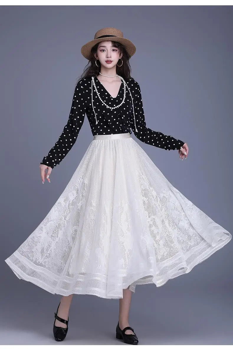 Spring Summer Women Vintage Black White Lace Elegant Long Skirts French Fashion Brown High Waist Vacation Pleated Skirt Popular
