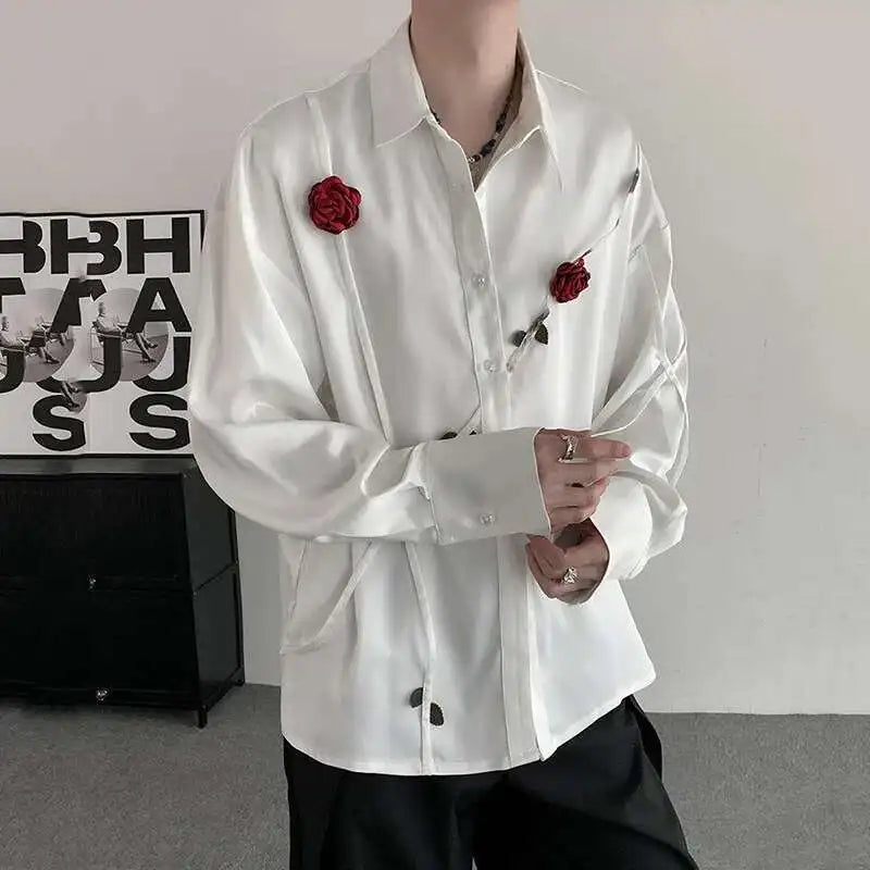 Spring Men's Shirts Three-dimensional Rose Design Lapel Contrast Color Menswear Long Sleeve Single Breasted Male Tops 9W185