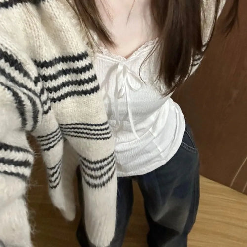 Load image into Gallery viewer, Patchwork Contrast Color Striped Knitted Cardigans Women Y2k Aesthetic Single Breasted Coats New Streetwear Casual Loose Sweater
