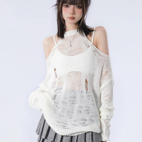 Load image into Gallery viewer, Grunge Loose Women Sweaters Y2k Aesthetic Hollow Out Thin Pullovers 2025 Spring Long Sleeve Fashion Casual Kniited Tops Sexy
