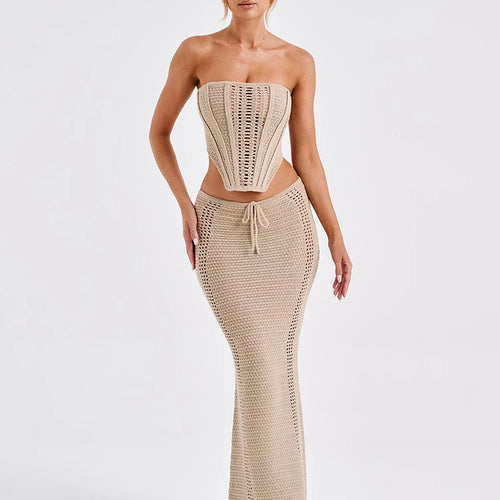 Load image into Gallery viewer, Elegant Knit Skirt Two Piece Sets Women Strapless Bandage Crop Tops And Maxi Skirt Femme Lace Up Sexy Ttwo Piece Sets
