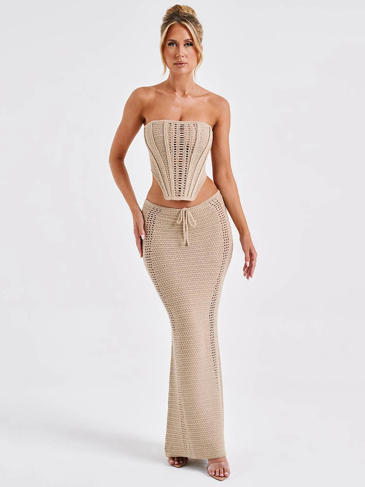 Elegant Knit Skirt Two Piece Sets Women Strapless Bandage Crop Tops And Maxi Skirt Femme Lace Up Sexy Ttwo Piece Sets