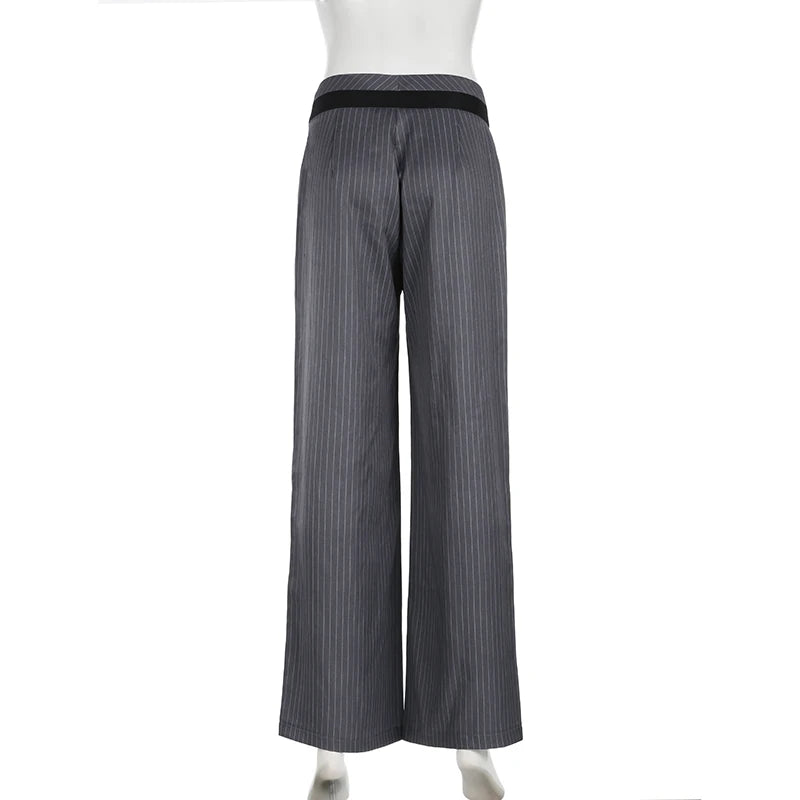 Harajuku Stripe Patched Straight Leg Women Suit Pants Streetwear Basic Office Ladies Trousers Contrast Color Outfits