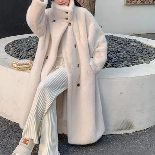 Load image into Gallery viewer, French Vintage Women Beige Long Sleeve Thick Mink Coat 2024 New Autumn Winter Ladies Double Breasted Warm Jacket Trendy Fashion
