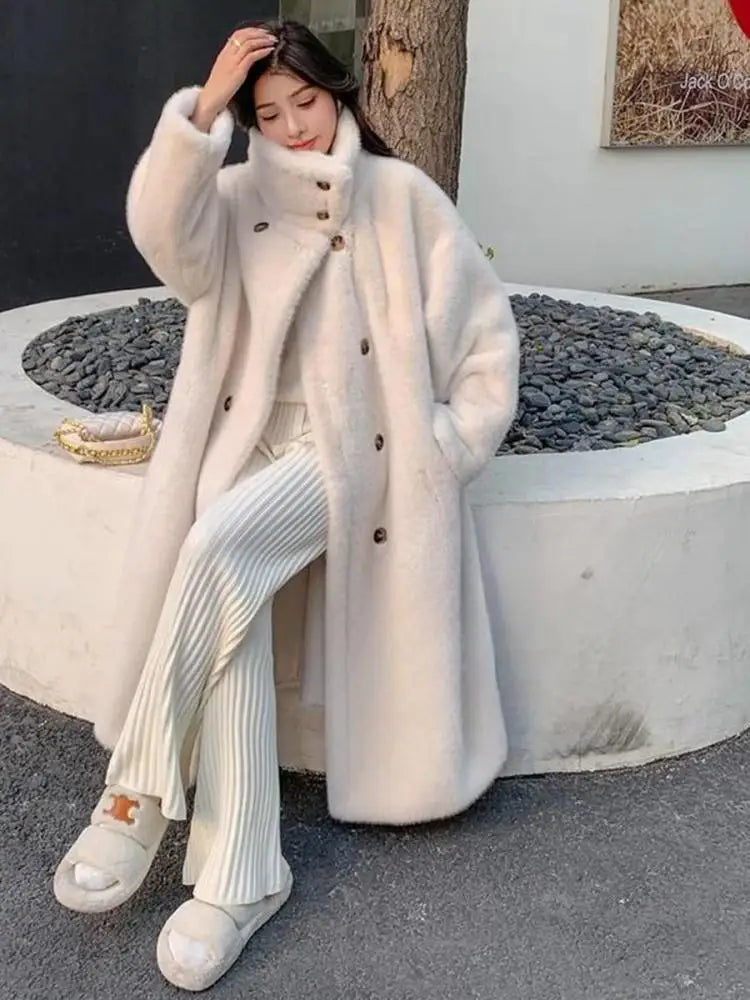French Vintage Women Beige Long Sleeve Thick Mink Coat 2024 New Autumn Winter Ladies Double Breasted Warm Jacket Trendy Fashion