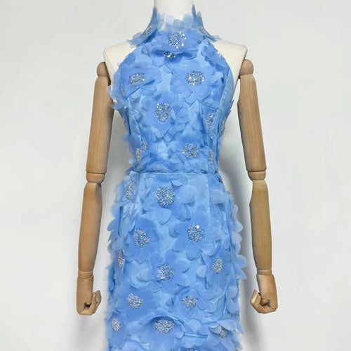 Load image into Gallery viewer, Solid Spliced 3D Flower Elegant Dresses for Women Halter Sleeveless Patchwork Sequins Fashion Mini Dress Female New
