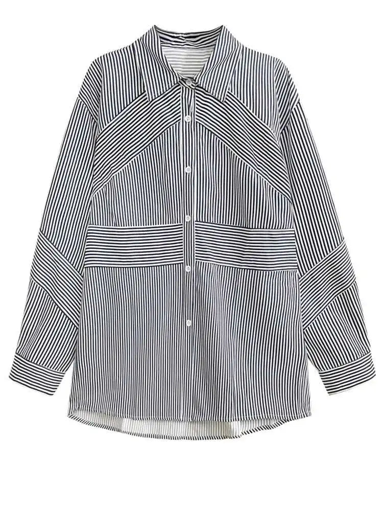 Women Blue Striped Big Size Casual Blouse New Lapel Long Sleeve Loose Fit Shirt Fashion Tide Spring Autumn 2025  1DH2926