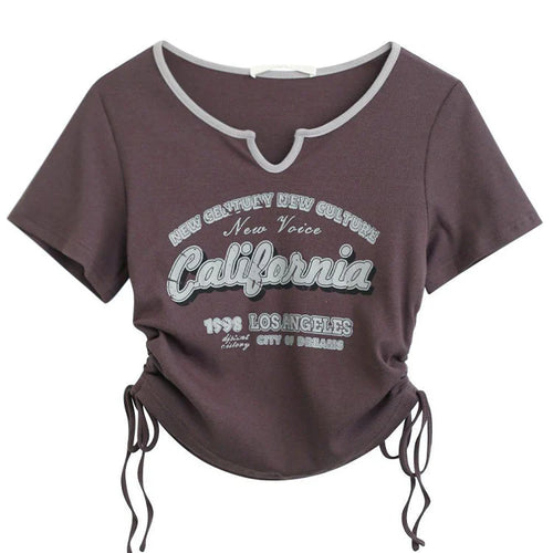 Load image into Gallery viewer, Drawstring Y2k T Shirt Women Letter Crop Top Americal Retro Short Sleeve Tees Korean Graphic Slim Summer Tshirts 2000s Clothes
