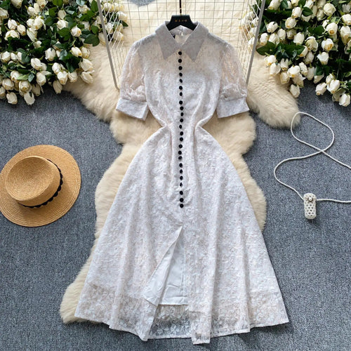 Load image into Gallery viewer, Summer French Retro White Lace Elegant Short Sleeve Long Dress For Women High Waist Slim Button Designer Party Princess Dresses
