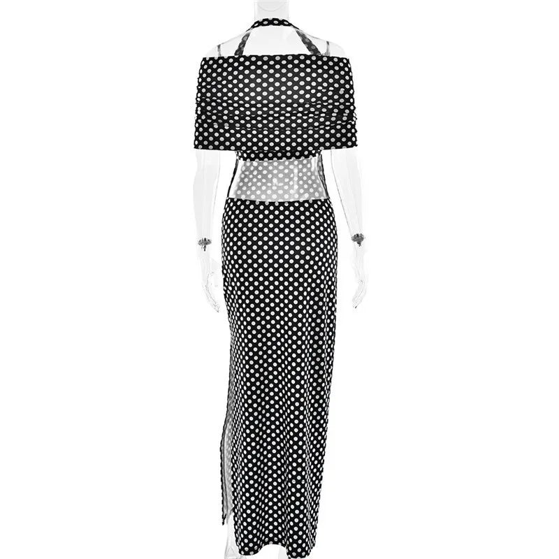Off-shoulder Polka Dot Maxi Dress For Women Gown Fashion Halter Sleeveless Backless bodycon Split Long Dress Elegant
