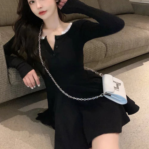 Load image into Gallery viewer, Knitted Black Wrap Dress Women Korean Style Bodycon Lace Long Sleeve Short Dresses Autumn Kpop Outfits Solid
