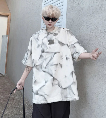 Men's Short Sleeve T-shirt New Summer Round Neck Spray Painted Metal Edge Decoration Male T-shirts Tie-dyed Top 9W1502