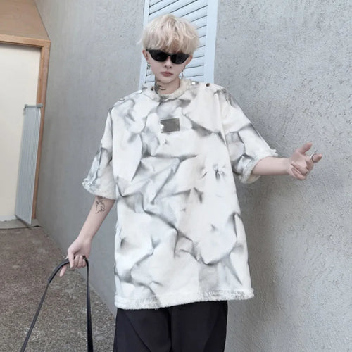 Load image into Gallery viewer, Men's Short Sleeve T-shirt New Summer Round Neck Spray Painted Metal Edge Decoration Male T-shirts Tie-dyed Top 9W1502
