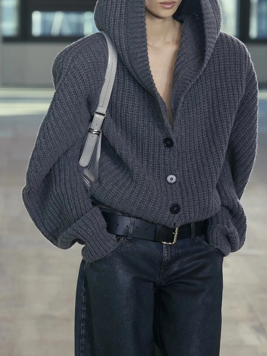 Solid Loose Spliced Hat Casual Cardigan for Women V Neck Long Sleeves Patchwork Single Breasted Cardigan Female New