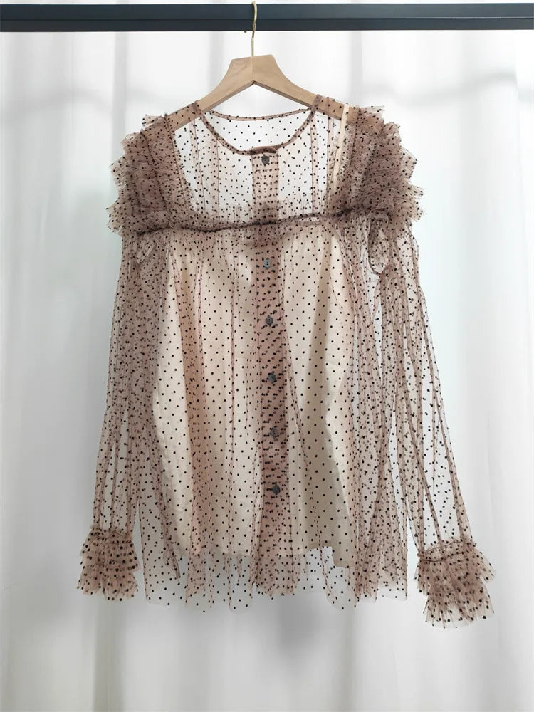 Women Brown Mesh Dot Ruffles Thin Blouse New Stand Collar Long Sleeve Shirt Fashion Tide Spring Summer 2025 1DJ1483