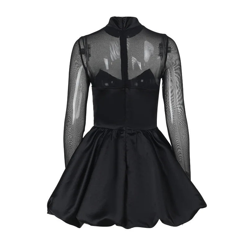 Turtleneck Sheer Long Sleeve Sexy Mini Dress For Women Black See Through High Waist A-line Club Party Dress Elegant