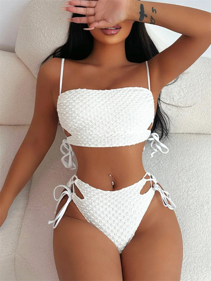 Strappy Bikini Set Lace Up Bandeau Women Swimwear 2024 Sexy Women Swimsuit High Waist Biquini Bandage Bathing Suit