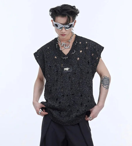 High Street Men's Vest Loose Worn-out Hollow Out Knitting Metal Design O-neck Sleeveless Male Tank Tops Trend 9C6752