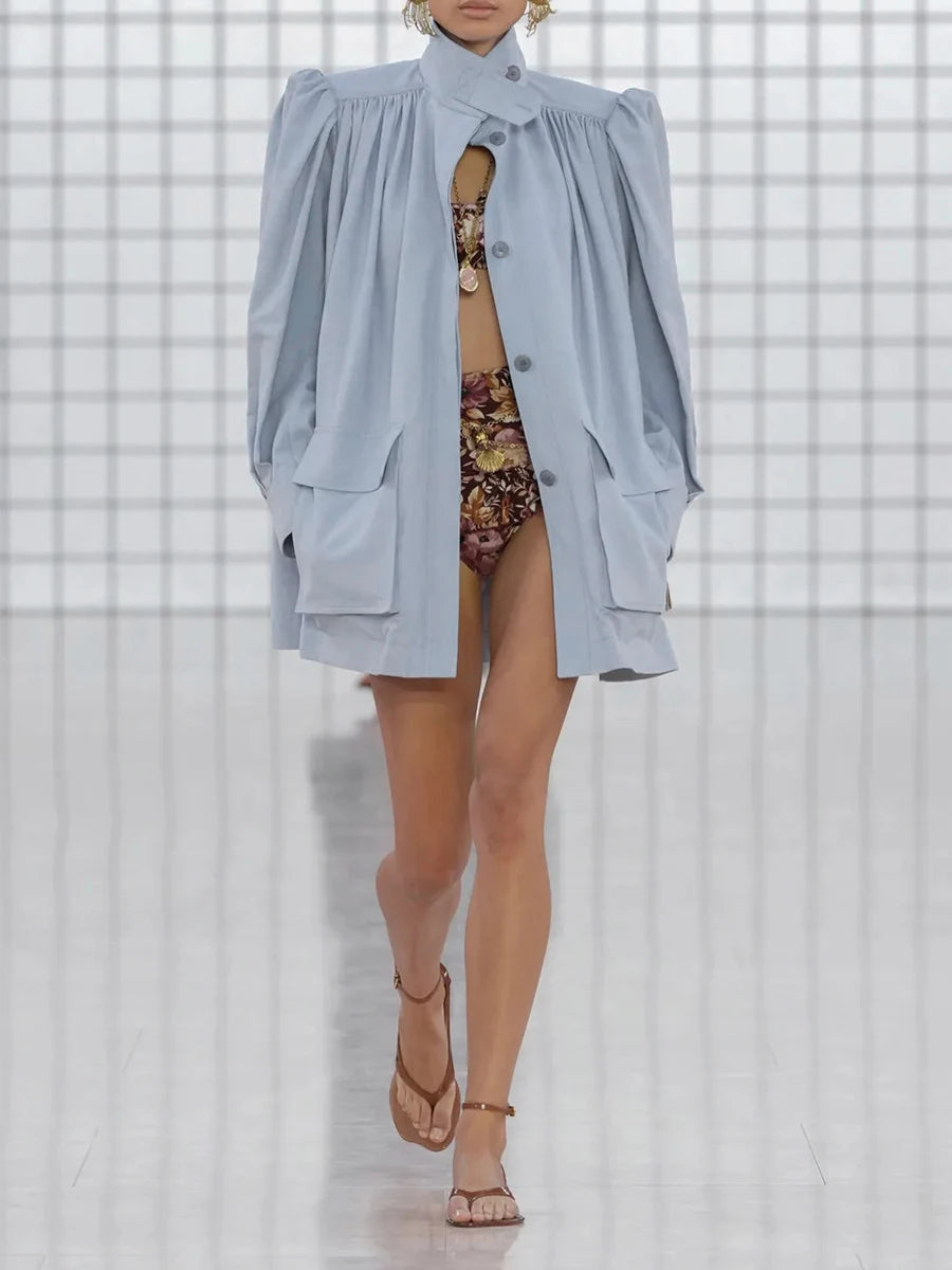 Solid Loose Spliced Crimping Fashion Jackets for Women High Neck Long Sleeves Patchwork Pockets Jacket Female New