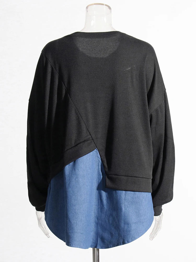 Hit Color Casual Sweatshirts For Women Round Neck Long Sleeve Loose Vintage Sweatshirt Female Fashion Clothing 2023