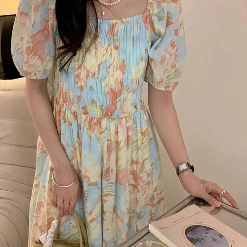 Load image into Gallery viewer, Ruffles Puff Sleeve Female Floral Dress Summer Slim Waist Square Neck Chiffon Fashion Women&#39;s Dresses Sweet Maxi Dress
