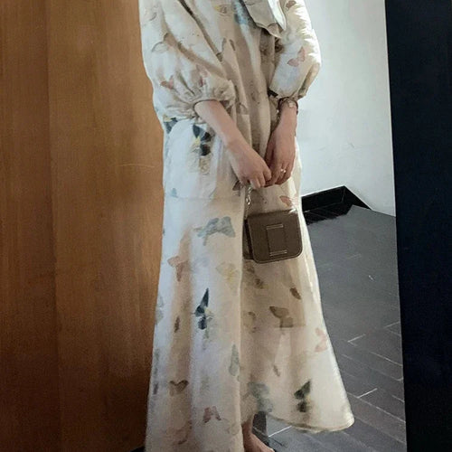 Load image into Gallery viewer, Printed Women&#39;s Dress Casual Chinese Style Maxi Dresses Autumn Office Lady with V-neck and Lantern Sleeve Versatile Dress
