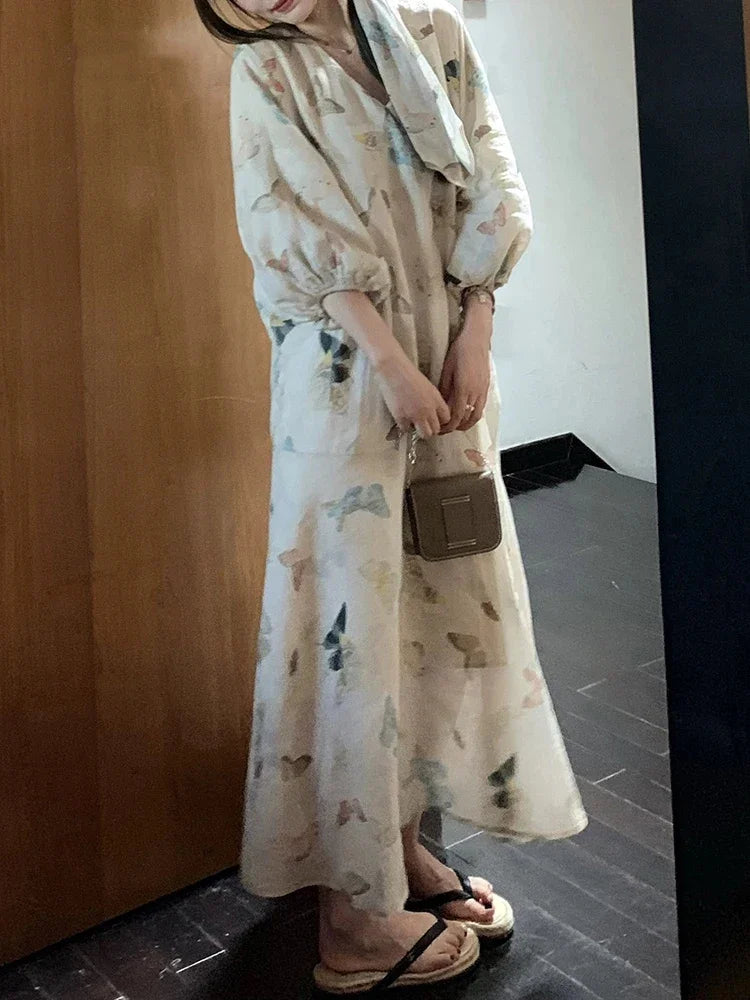 Printed Women's Dress Casual Chinese Style Maxi Dresses Autumn Office Lady with V-neck and Lantern Sleeve Versatile Dress