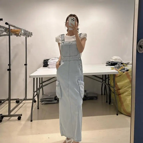 Load image into Gallery viewer, Women Blue Workwear Pocket Design Denim Straps Dress Spring Summer Sleeveless Straight Slip Long Jeans Dresses Female Vestidos
