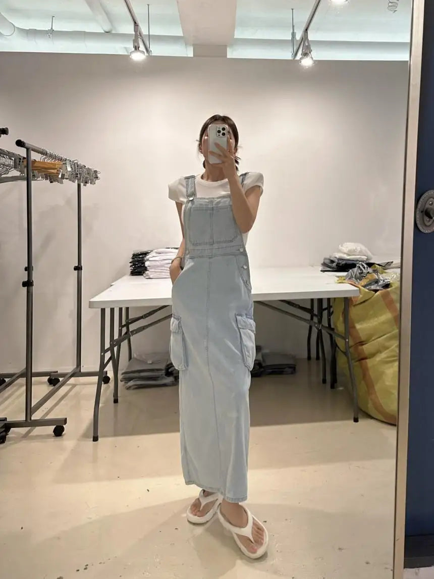Women Blue Workwear Pocket Design Denim Straps Dress Spring Summer Sleeveless Straight Slip Long Jeans Dresses Female Vestidos