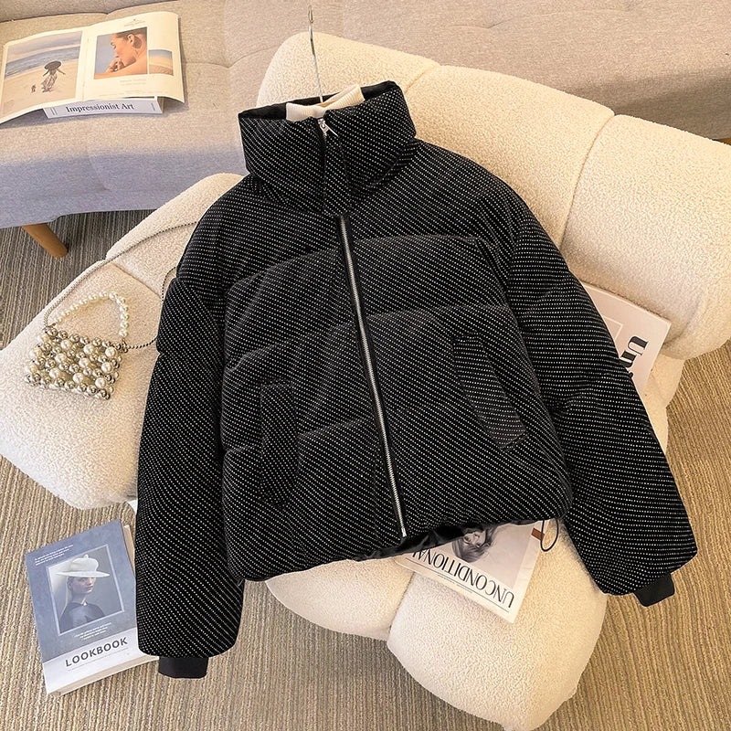 Korean Women Solid Long Sleeves Parkas Autumn Winter Warm Short Down Cotton Jacket Stand Collar Zipper Coat New Fashion Clothing
