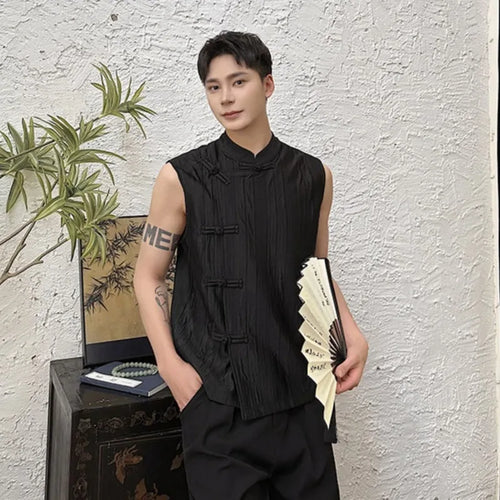 Load image into Gallery viewer, Chinese Style Men&#39;s Tank Tops Pleated Loose Simple Stand Collar Sleeveless Trend Male Tops Summer Vest 9C6116
