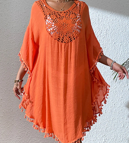 Fringe Tassel Embroidery Half Sleeve Tunic Beach Cover Up Cover-ups Long Beach Dress Beach Wear Beachwear Female Women V5328