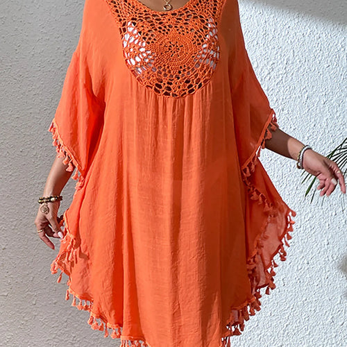 Load image into Gallery viewer, Fringe Tassel Embroidery Half Sleeve Tunic Beach Cover Up Cover-ups Long Beach Dress Beach Wear Beachwear Female Women V5328
