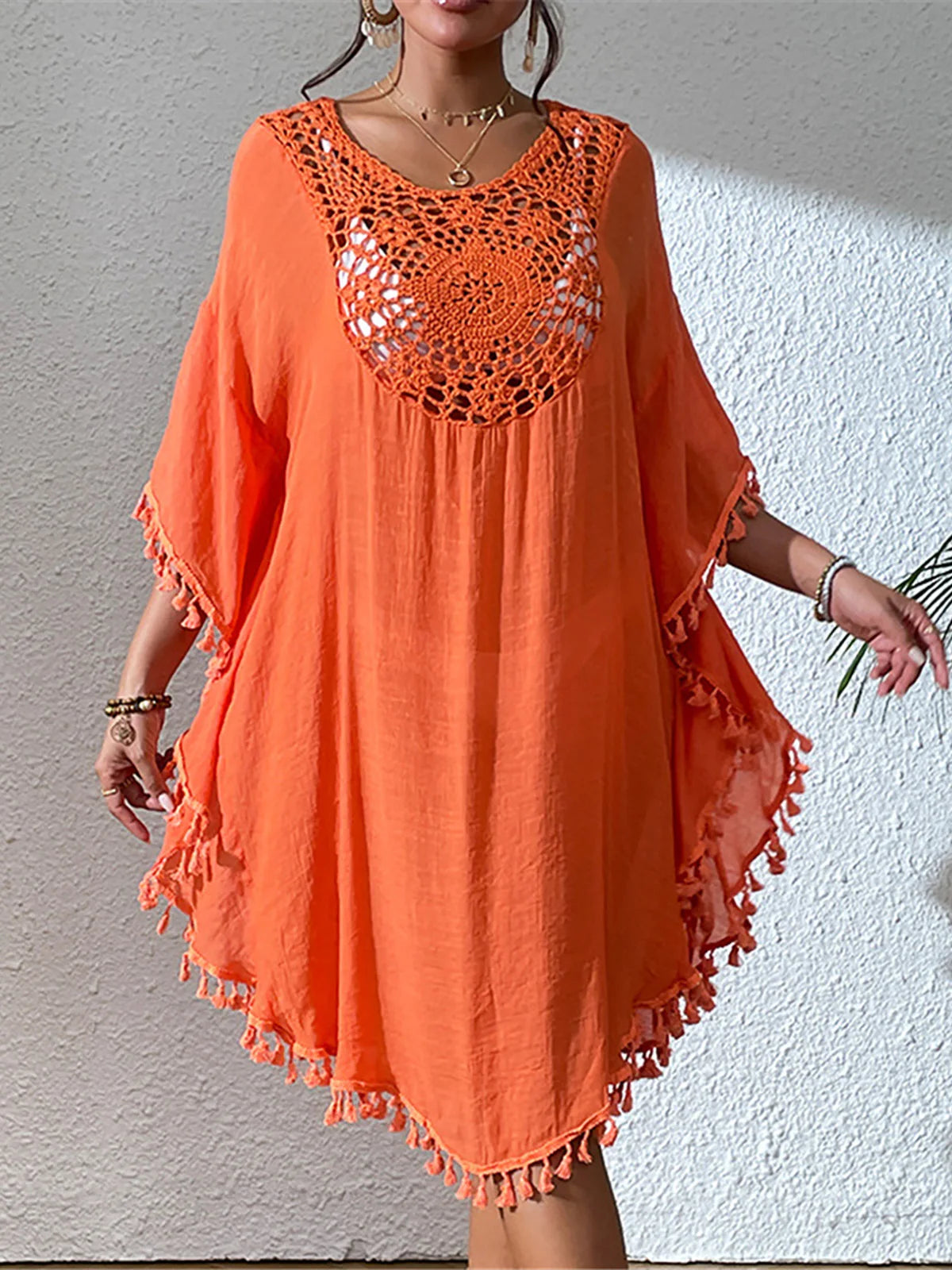 Fringe Tassel Embroidery Half Sleeve Tunic Beach Cover Up Cover-ups Long Beach Dress Beach Wear Beachwear Female Women V5328