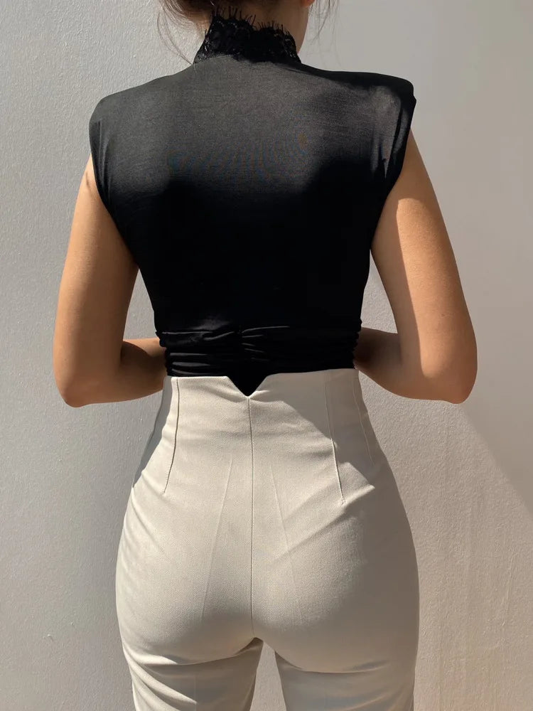 Spring/Summer Sleeveless Lace Edge Deep V Elastic Tight Bodysuit Women Slim Fit Female Bodypsuit Bodycon 2024 New