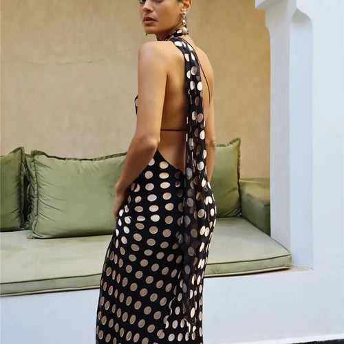 Load image into Gallery viewer, Round Plaid Printed Maxi Dress For Women Gown Halter Off-shoulder Sleeveless Backless Evening Club Long Dress Elegant
