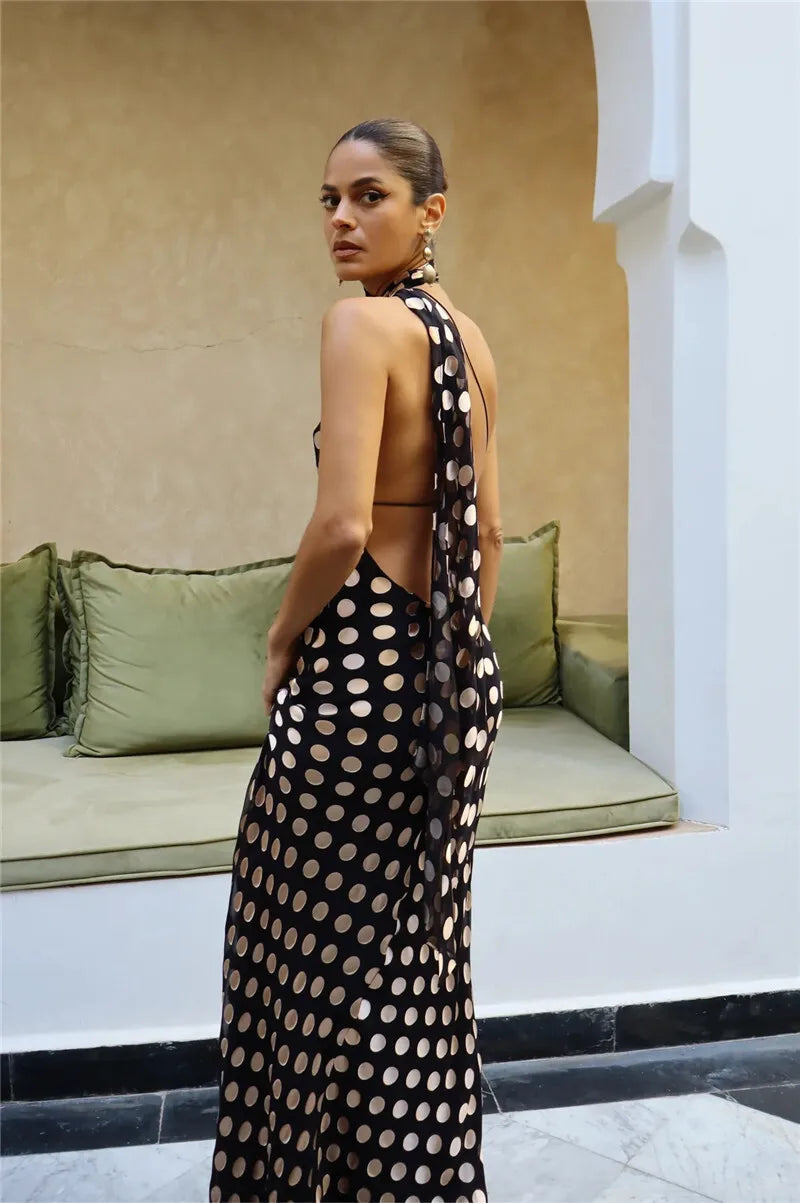 Round Plaid Printed Maxi Dress For Women Gown Halter Off-shoulder Sleeveless Backless Evening Club Long Dress Elegant