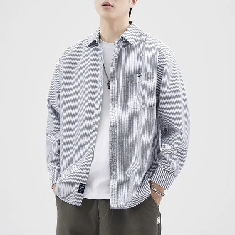 Men's Shirt Striped Turn-down Collar Thin Style Casual Lapel Shirts New Trendy Summer Japanese Style Male Top 9W1314