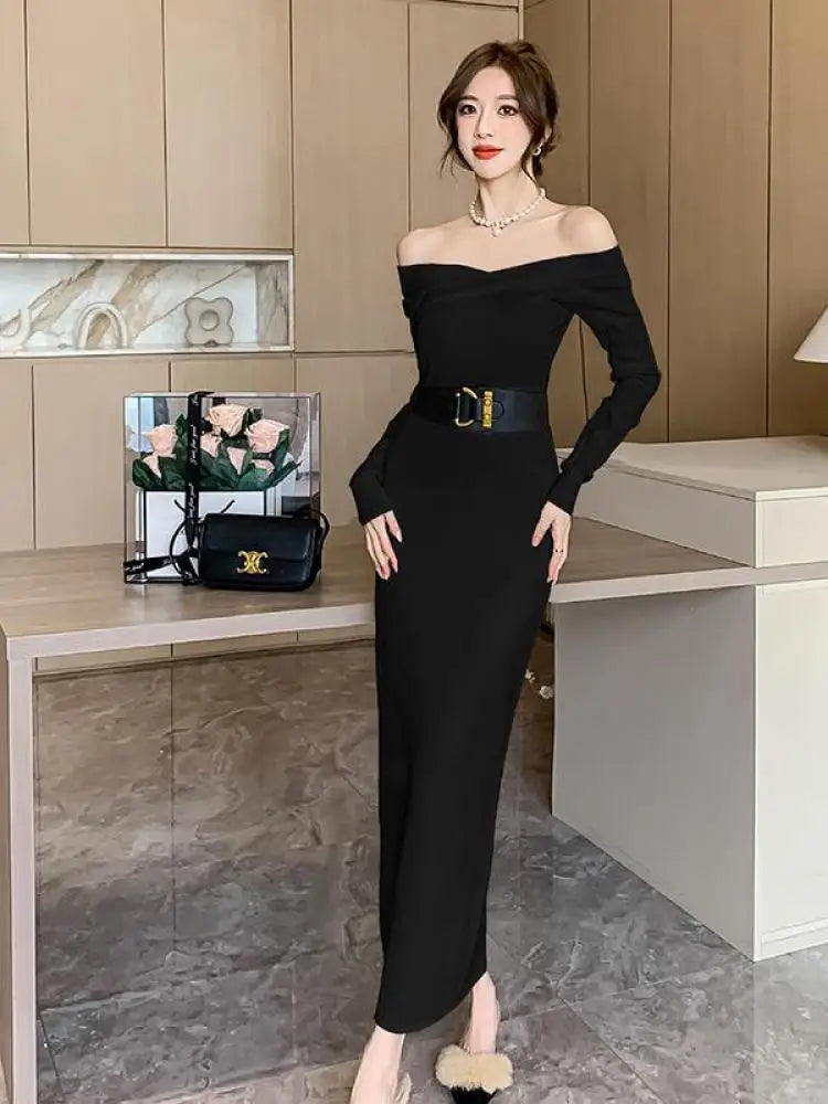 Beige Knit Sweater Dress Women Autumn Winter Black V-neck Slim Long Dresses Female Red High Waist Elegant Evening Party Dress